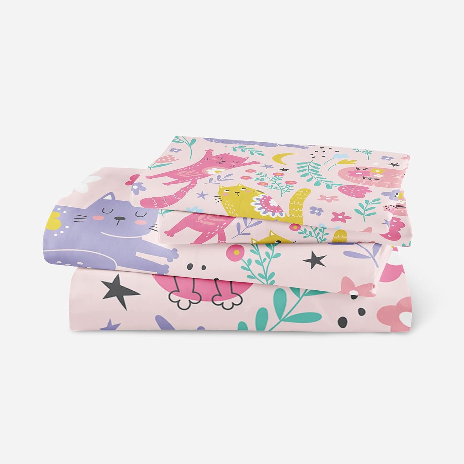 QOOMO Juego de sábanas con diseño floral de gatos kawaii, con bolsillo profundo de 16 pulgadas de profundidad para niños, niñas, niños y