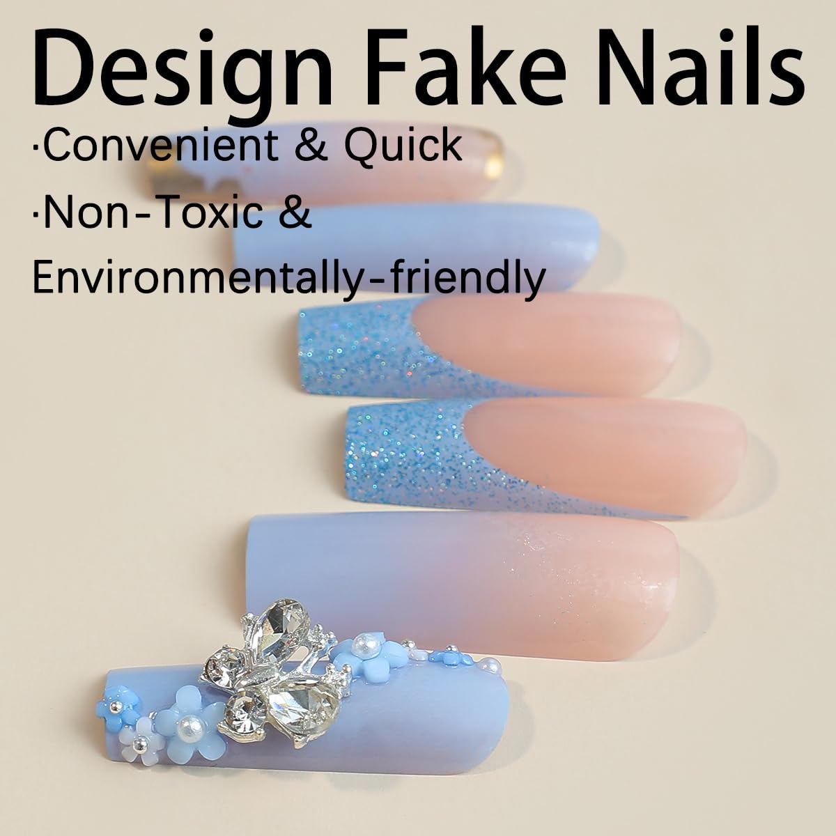 Uñas postizas de punta francesa, largas, cuadradas, a presión, mariposa con diamantes de imitación y flores, diseño de brillantina, uñas postizas