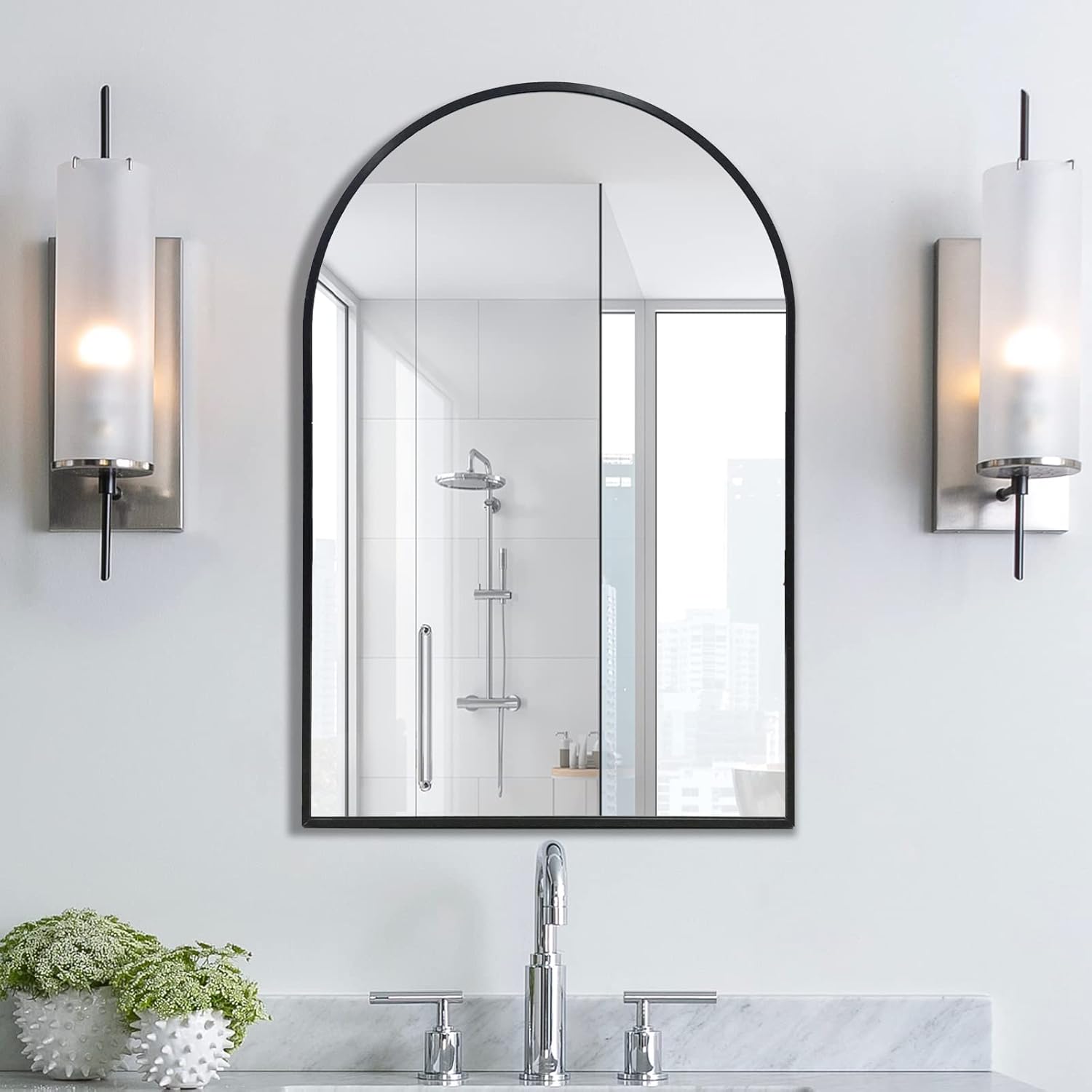 Espejo de pared arqueado de 20 x 30 pulgadas, espejo de baño arqueado negro, espejo arqueado para decoración de tocador con marco de metal, espejo