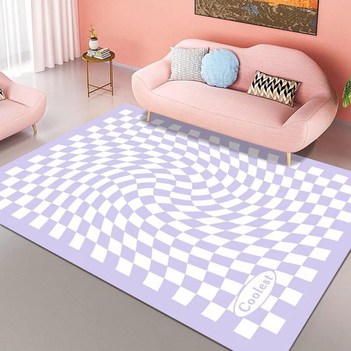 Alfombra de área moderna estética a cuadros de lavanda púrpura para sala de estar, patrón de tablero contemporáneo, dormitorio, junto a la cama,