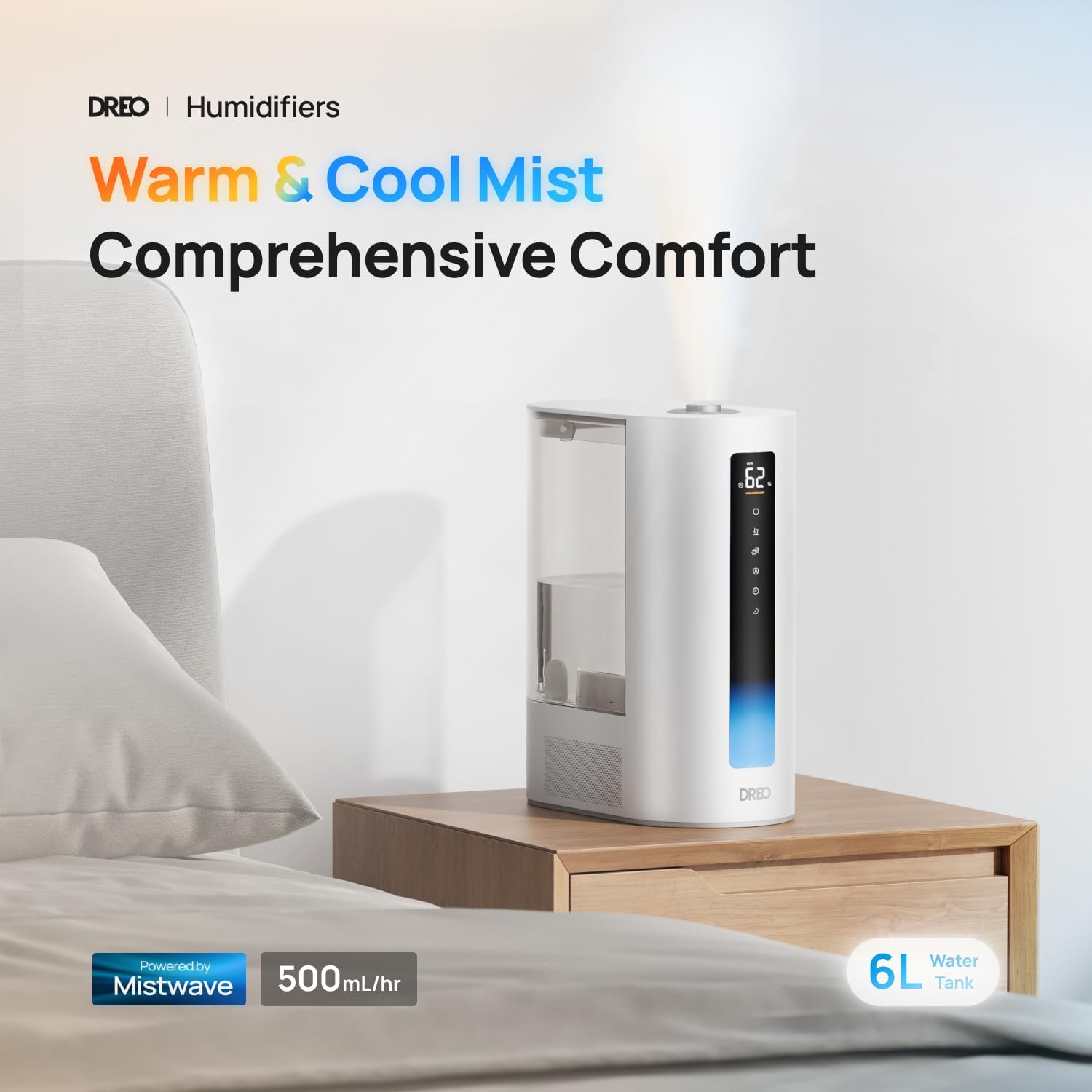 Dreo Humidificadores de 6L para dormitorio y habitación grande, humidificador de niebla fría y cálida para plantas, con sensor de humedad preciso,