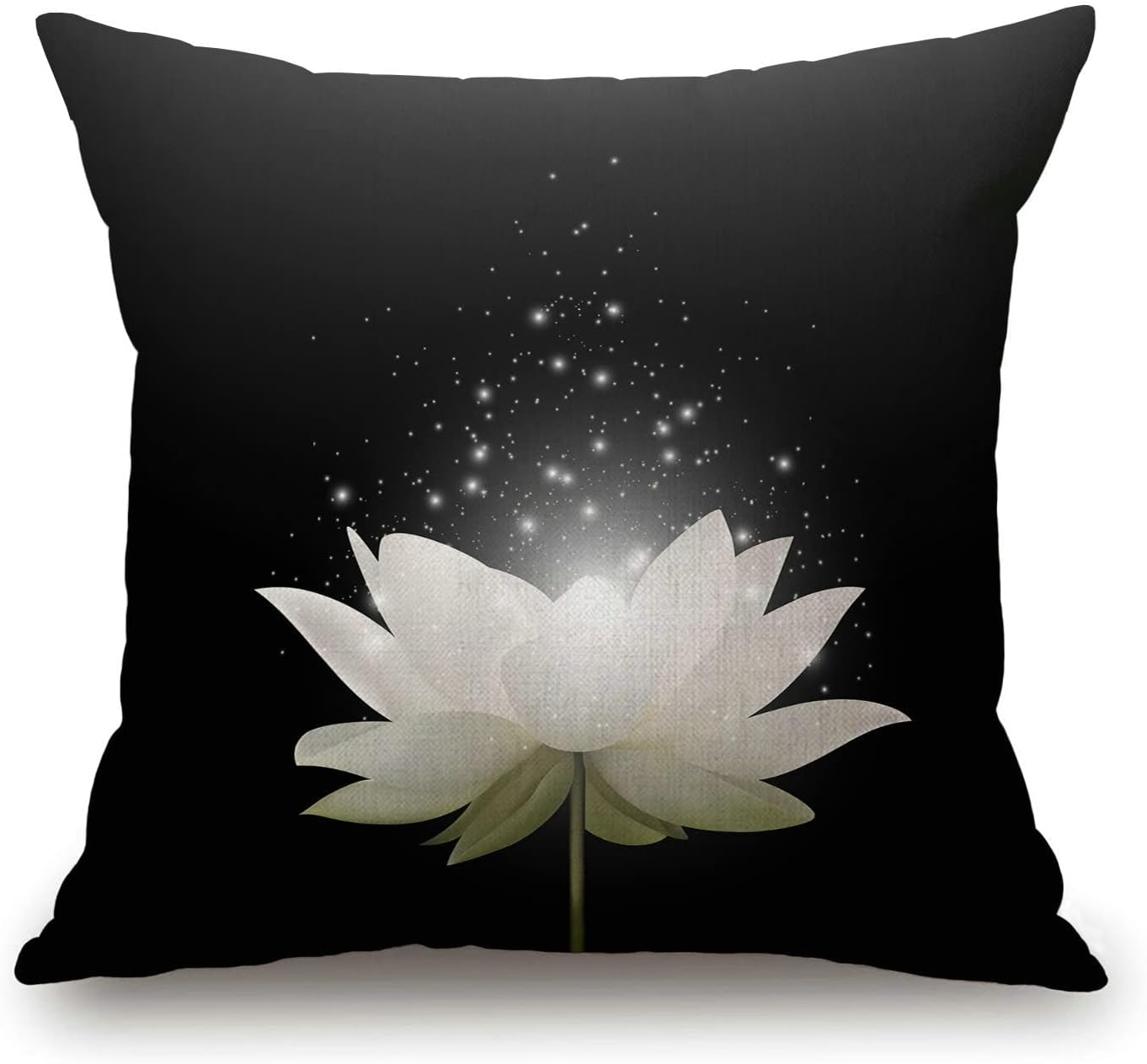 Funda de almohada floral, flor de loto blanco mágico sobre fondo negro, decoración de sofá o dormitorio, fundas de almohada de arpillera para
