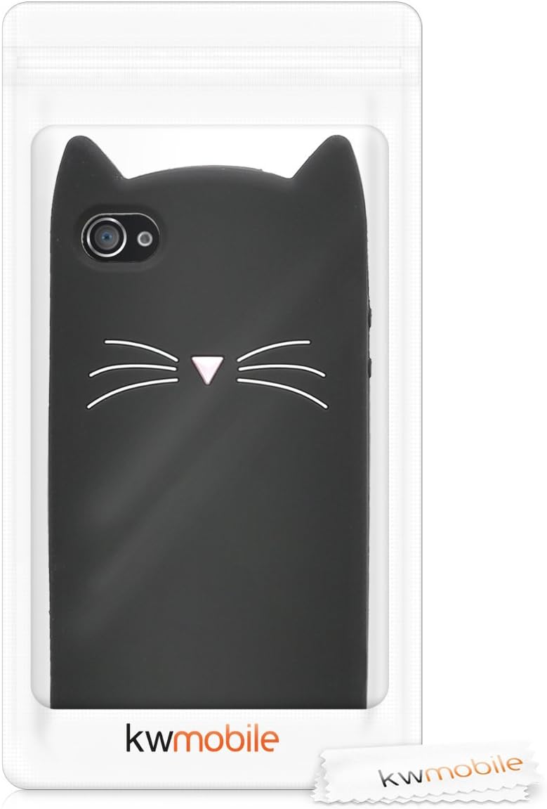 kwmobile Funda compatible con Apple iPhone 4 y 4S – Cat Case Soft Cute Funda protectora de silicona – NegroBlanco