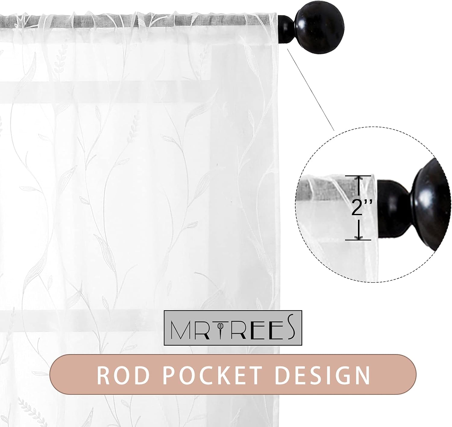 MRTREES Cortinas de cocina de 36 pulgadas con bordado de hojas blancas, cortinas cortas de Navidad para ventanas, 2 paneles con bolsillo para barra,