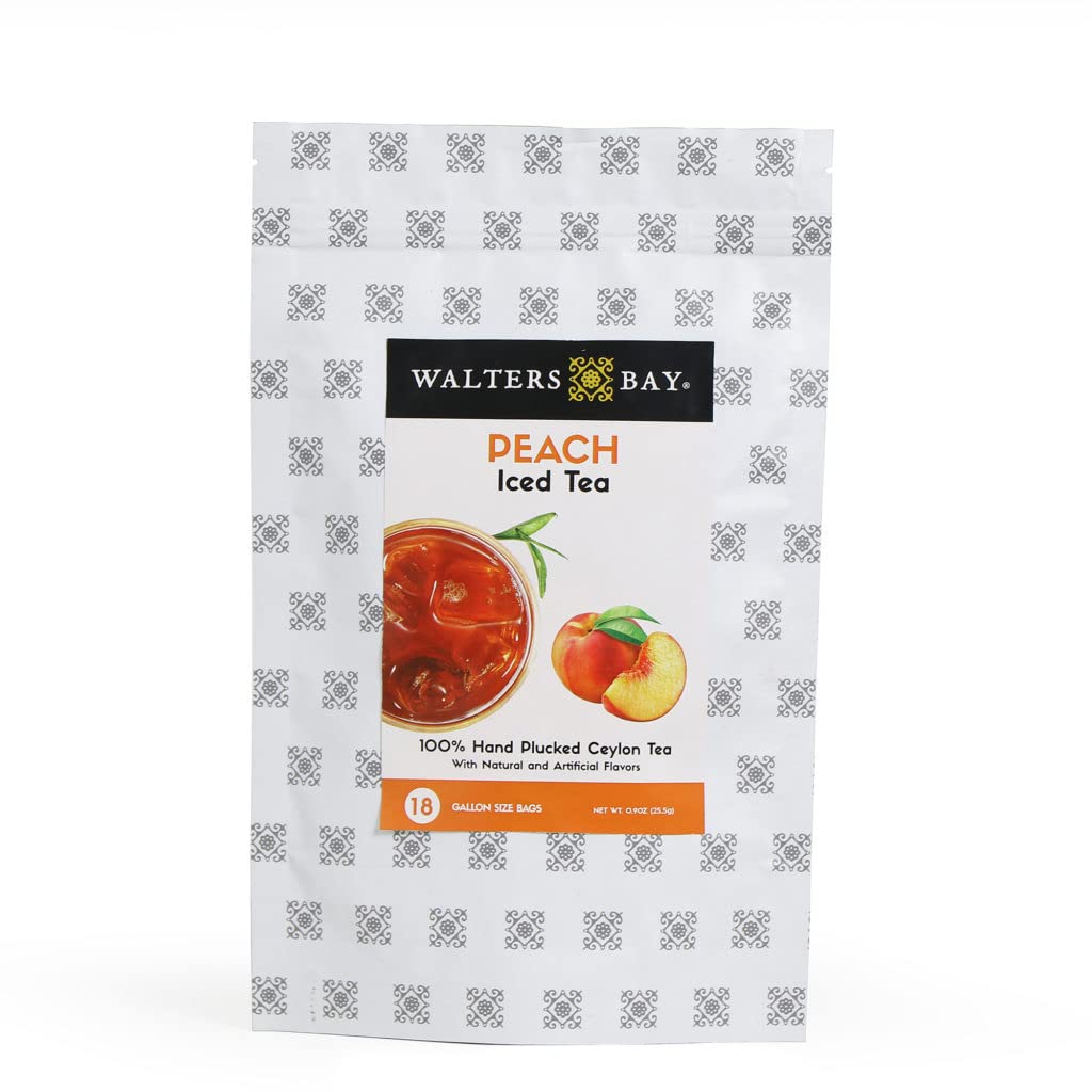 Walters Bay Té helado de melocotón, 18 unidades, cada bolsa hace 1 galón, tamaño familiar, sabor a melocotón del sur, 100% desplumado a mano, té
