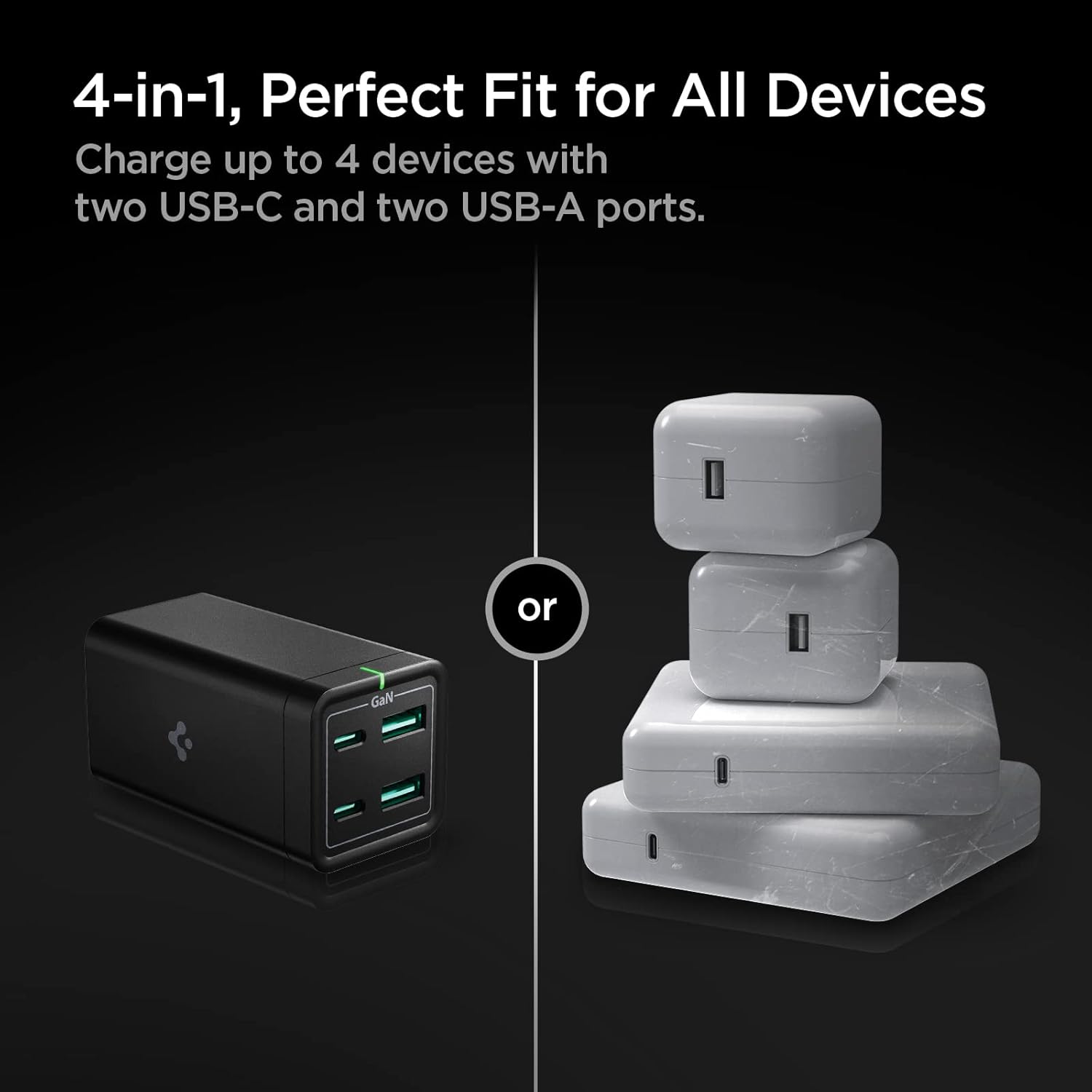 Cargador USB C, Spigen 65 W GaN III Estación de carga USB C de 4 puertos, USB-C PDUSB-A carga rápida para MacBook iPad M2 M1 Pro Air iPhone 16 15 14
