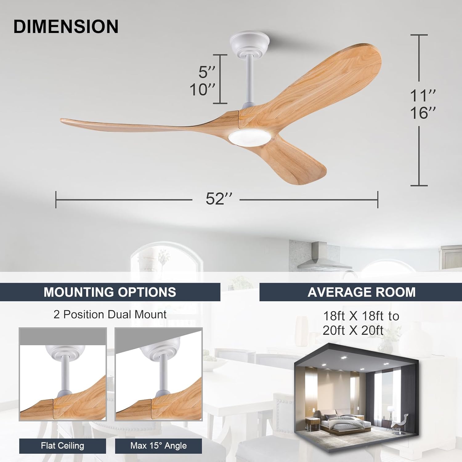 BOOMJOY Ventilador de techo de madera de 52 pulgadas con control remoto de luces, 3 temperaturas de color y cuchillas reversibles de 6 velocidades,