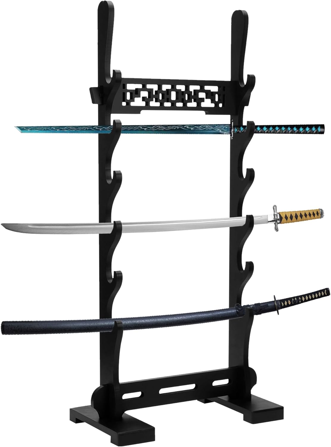6 Tier Sword Stand Display Floor,Wood Katana Sword Holder,Black Samurai Sword Stand,Sturdy Sword Rack Floor Stand with Classic Hollow Out Pattern