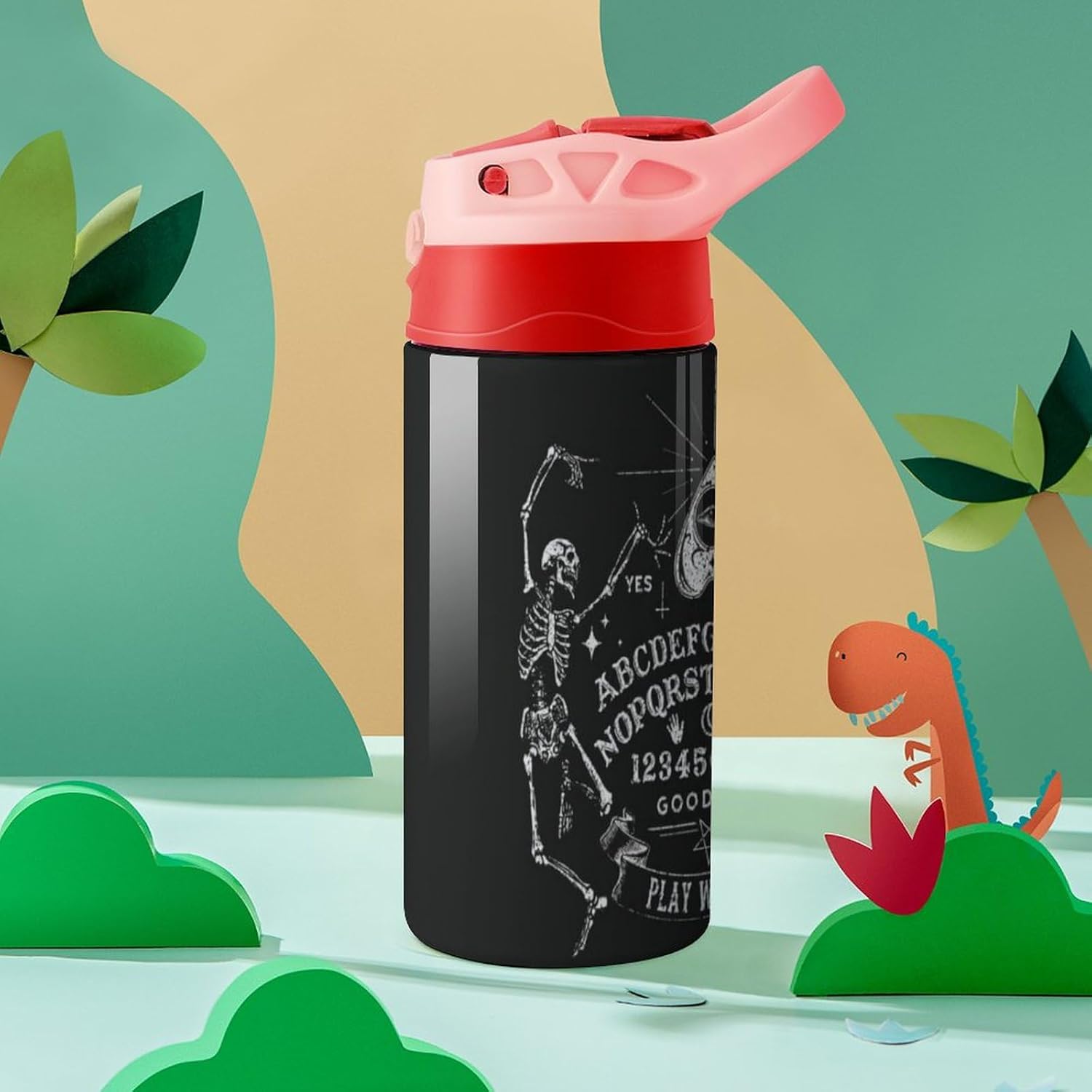 Botella de agua de viaje de acero inoxidable con diseño de bruja mágica de esqueleto gótico negro con pajilla, reutilizable, para hombres y mujeres