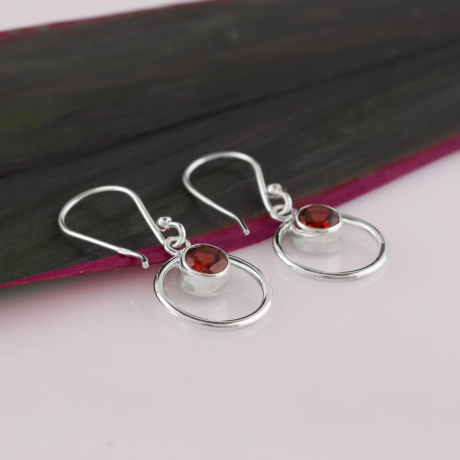 Solid 925 Sterling Silver Earrings, Natural Garnet Gemstones Earrings for Women, Dangle, January Birthstones, Bohemian Handmade Elegant Statement