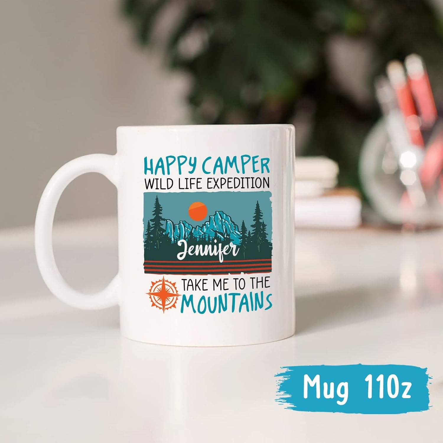 Taza de café con texto en inglés Happy Camper Wild Life Expedition Take Me To The Mountains, taza de campamento, regalos de campamento