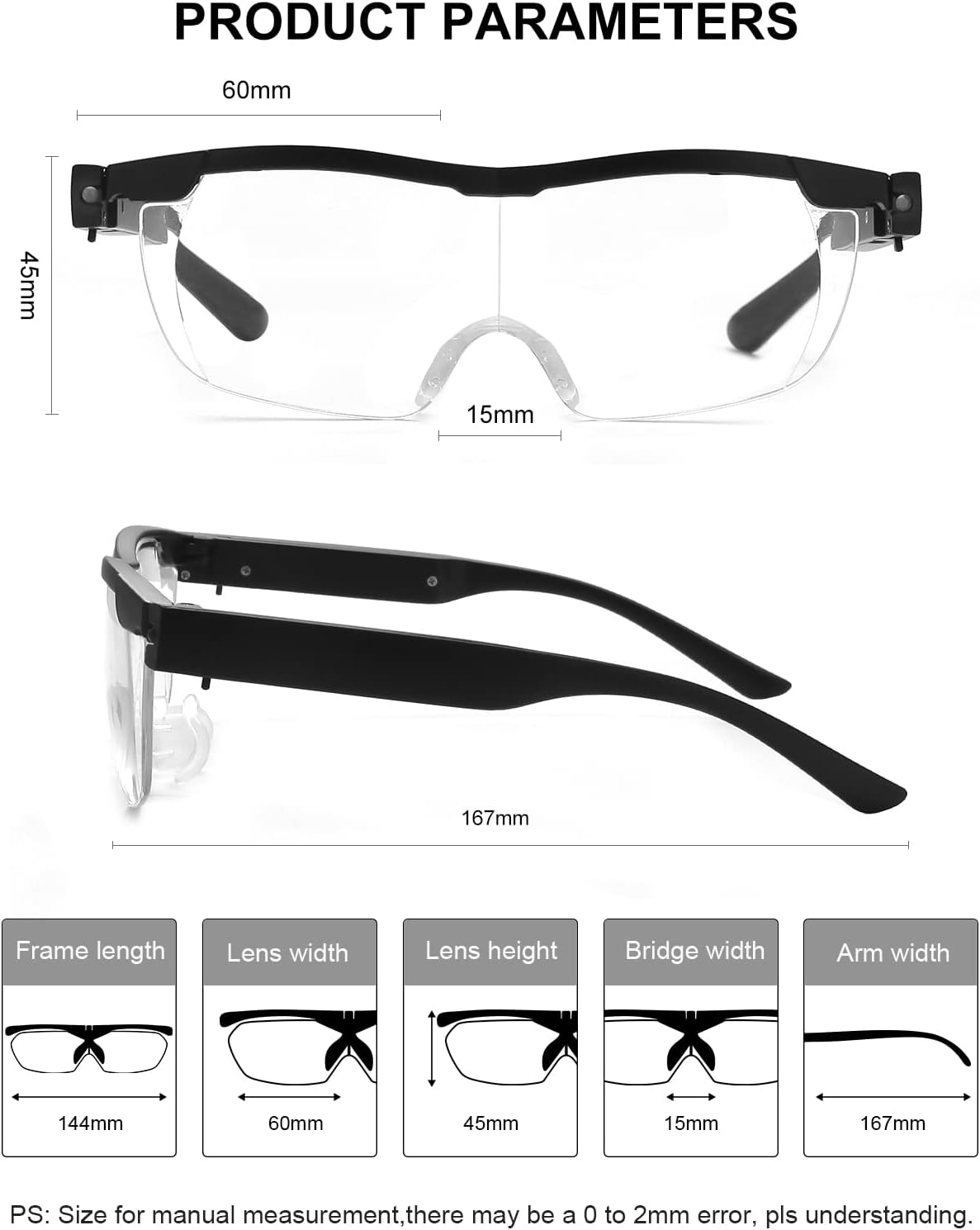 OKH 200% lupa con luz, anteojos de aumento recargables con luz LED, lentes de aumento de visión brillante, manos libres, para trabajo cercano,
