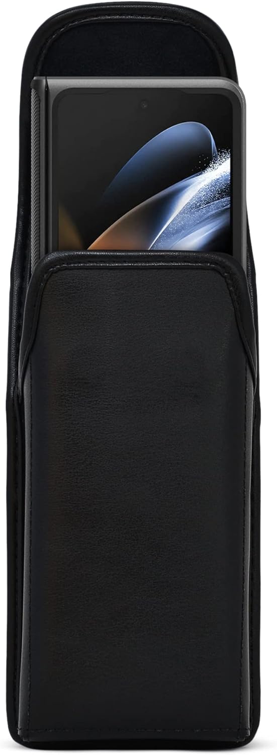 Turtleback Funda diseñada para Galaxy Z Fold 5 y Fold 4 con funda de ajuste voluminoso, funda vertical para cinturón de piel negra con clip