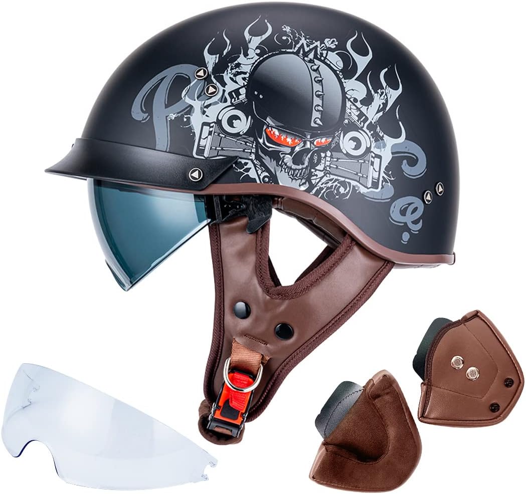 Medio casco de motocicleta para hombres, mujeres y adultos, aprobado por puntos, casco vintage de media cara con visera transparente adicional y