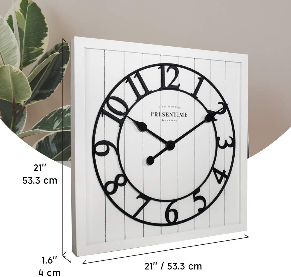 Presentime & Co – Reloj cuadrado de madera con puerta de granero Shiplap de 21 pulgadas, color blanco, número arábigo. Decoración del