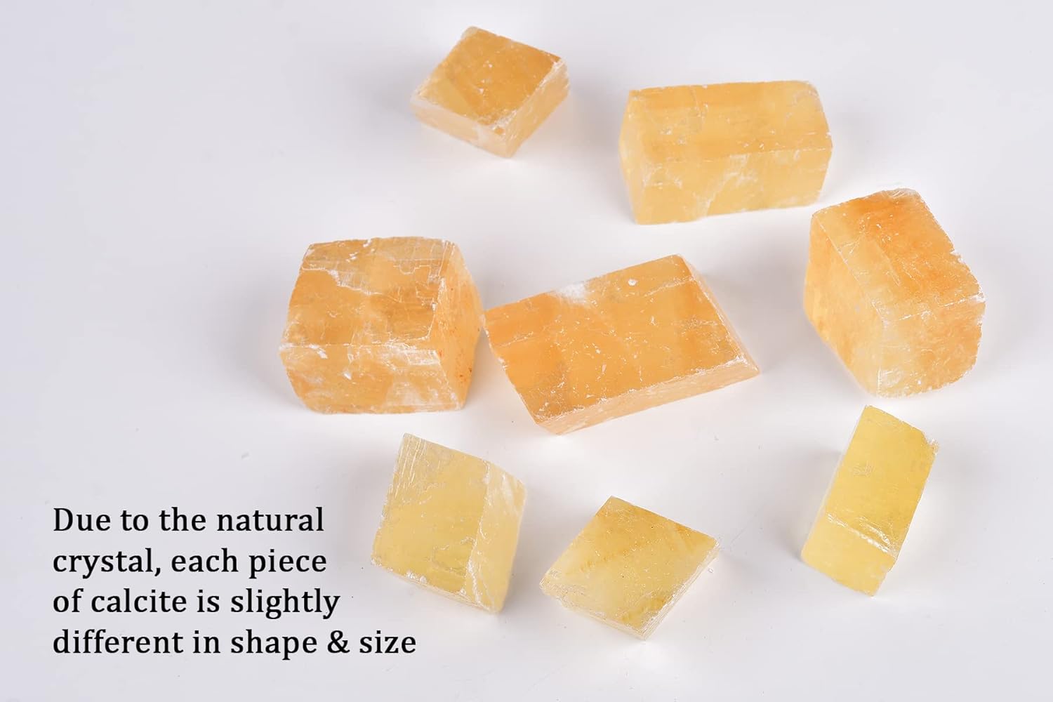 AMOYSTONE Calcita natural de Islandia de 1 libra de calcita óptica amarilla en caja, 7-8 piezas de cristales naranjas irregulares piedras ásperas de