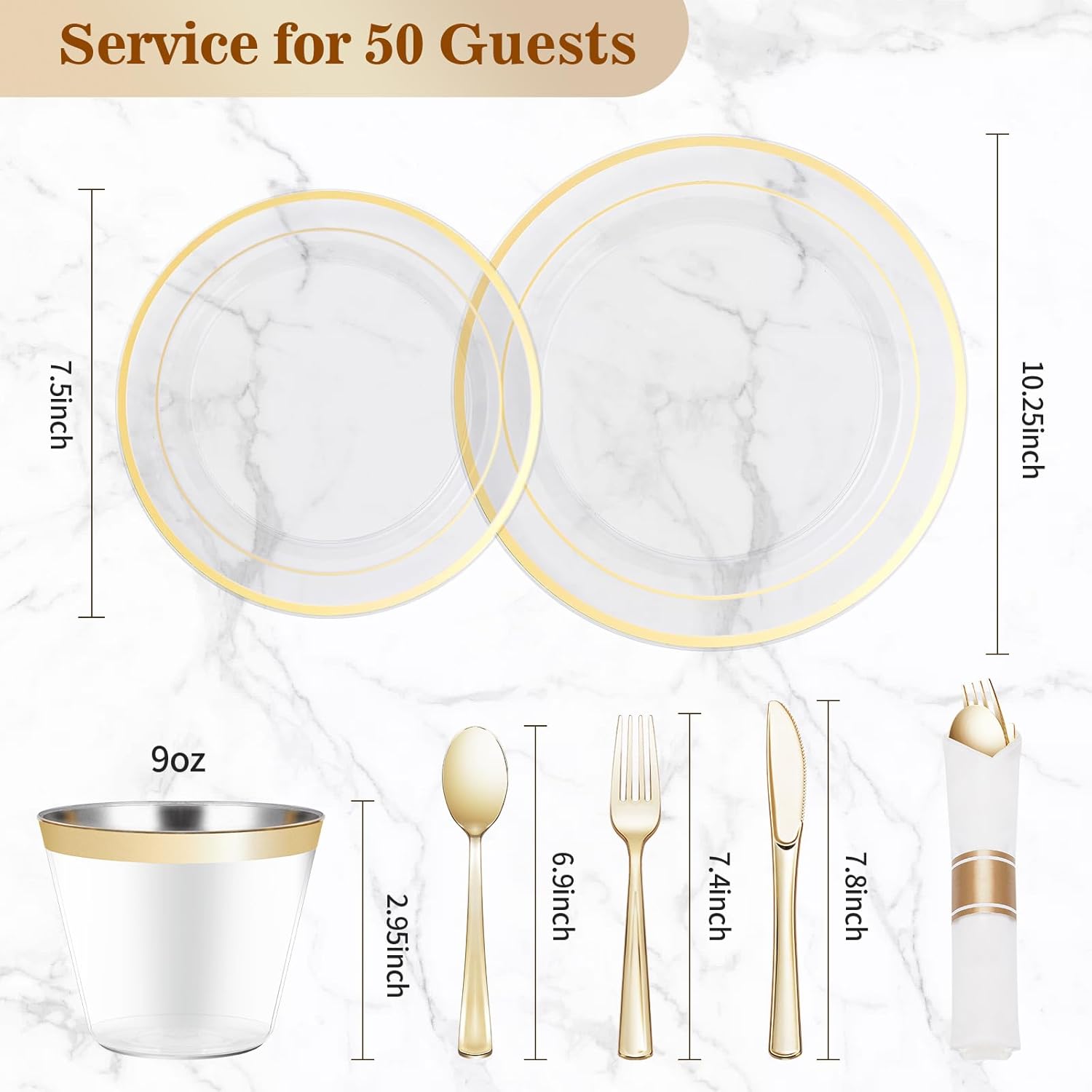 BESTVIP Juego de vajilla de plástico dorado transparente de 350 piezas, platos de fiesta desechables para 50 invitados, incluye 100 platos de