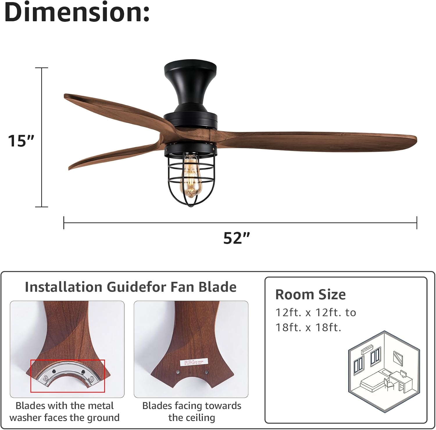 Ventilador de techo de perfil bajo de 52 pulgadas con luces, moderno ventilador de techo de dormitorio con control remoto de 3 aspas de madera,