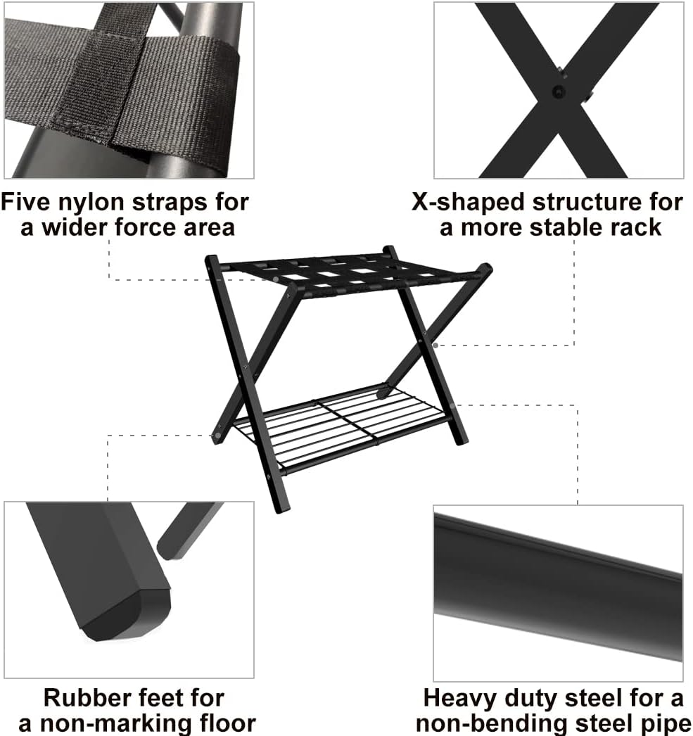 Portaequipajes plegable para habitación de invitados, soporte plegable de metal para maleta con estante de metal para dormitorio, negro, paquete de 1