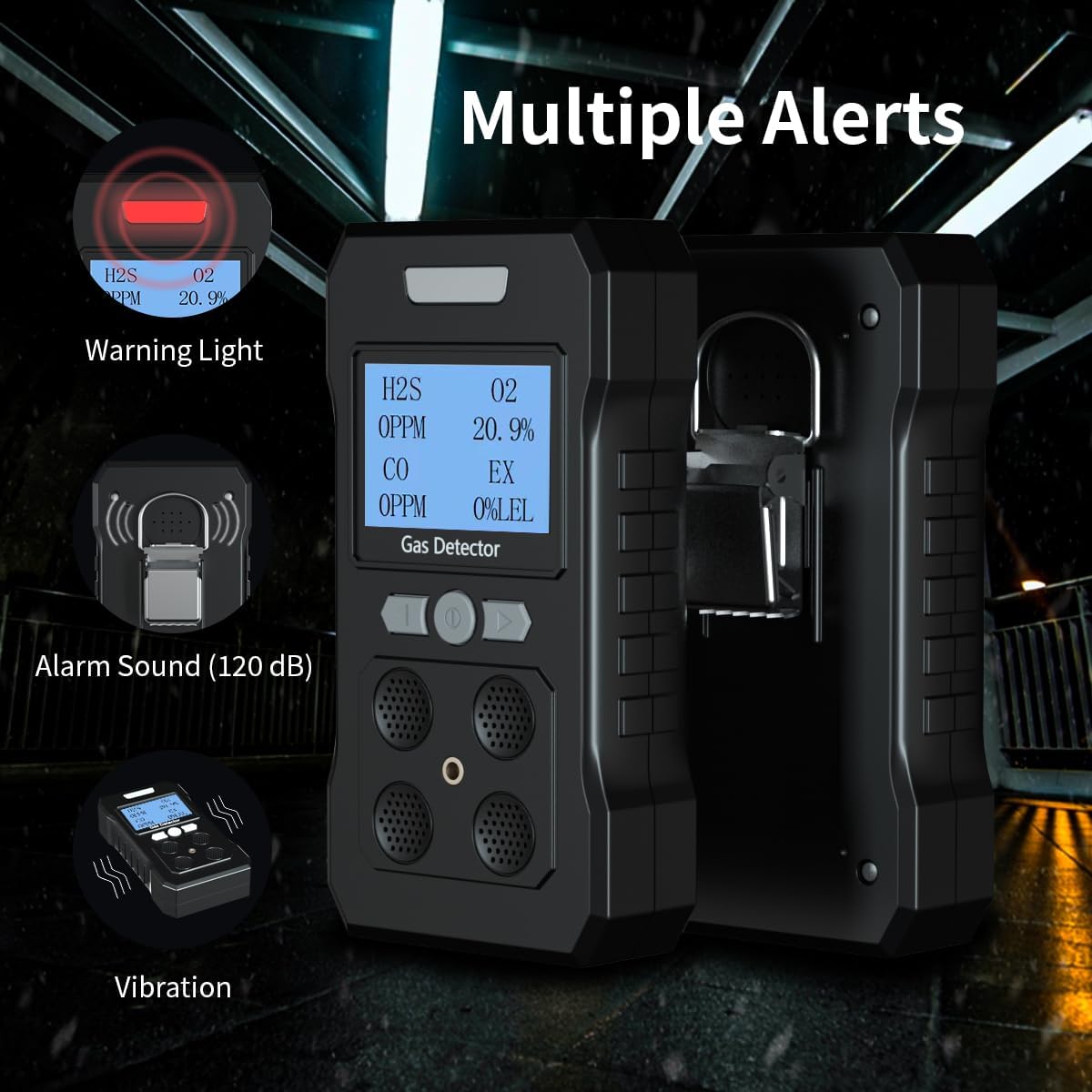 Gas Detector, Portable 4 Gas Monitor with Audible & Visual AlarmH2S,O2,CO and EX Rechargeable Gas Sniffer Alarm with LCD Display (Black)
