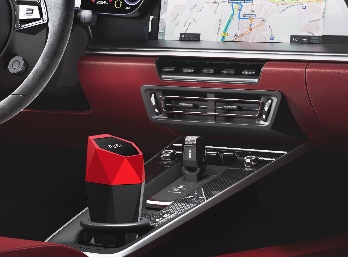 Ginsco Portavasos de basura para automóvil, paquete de 2 mini con tapa, accesorios para interior, auto pequeño a prueba de fugas, ganchos ABS