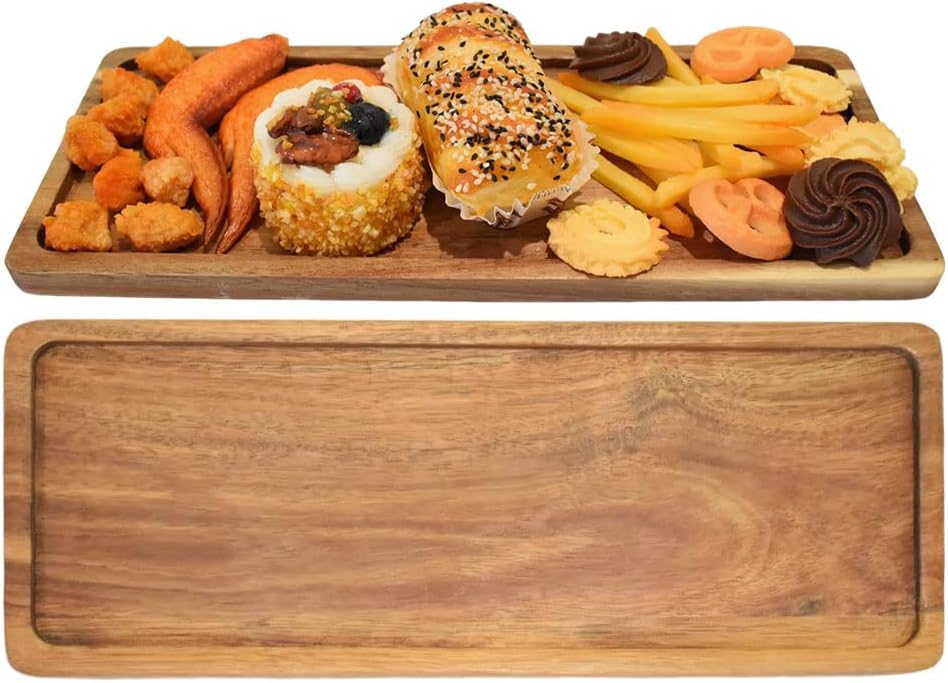 1 paquete de bandejas de madera de acacia (14 x 5.5 pulgadas)  Platos rectangulares para decoración del hogar y alimentos, incluyendo verduras,