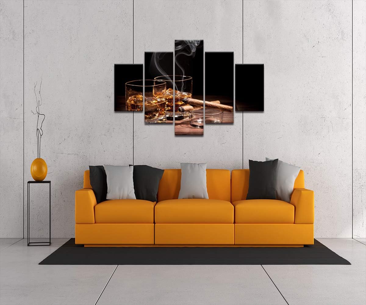 Lienzo decorativo para pared, pintura de cigarros y vino, copa de vino, whisky, cigarrillo, imagen, 5 paneles, licor bodegón, pósters, impresiones