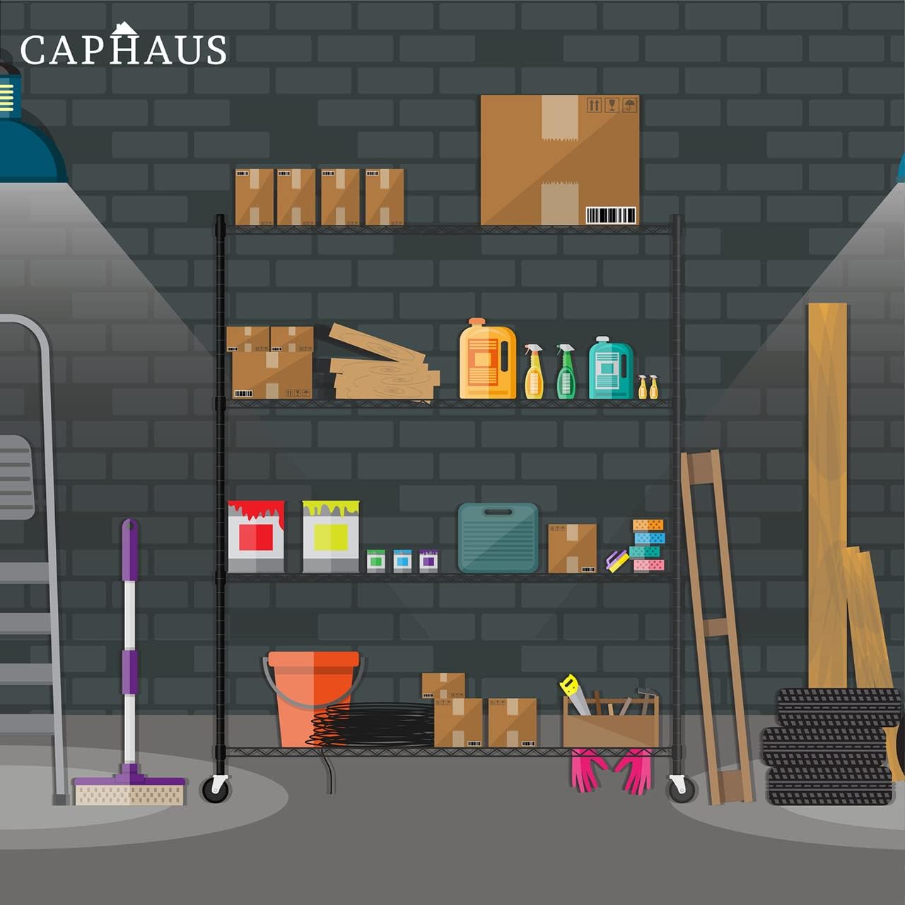 CAPHAUS Estantería de alambre de altura ajustable de 4 niveles de grado comercial con ruedas y pies de nivelación, estante de acero metálico de
