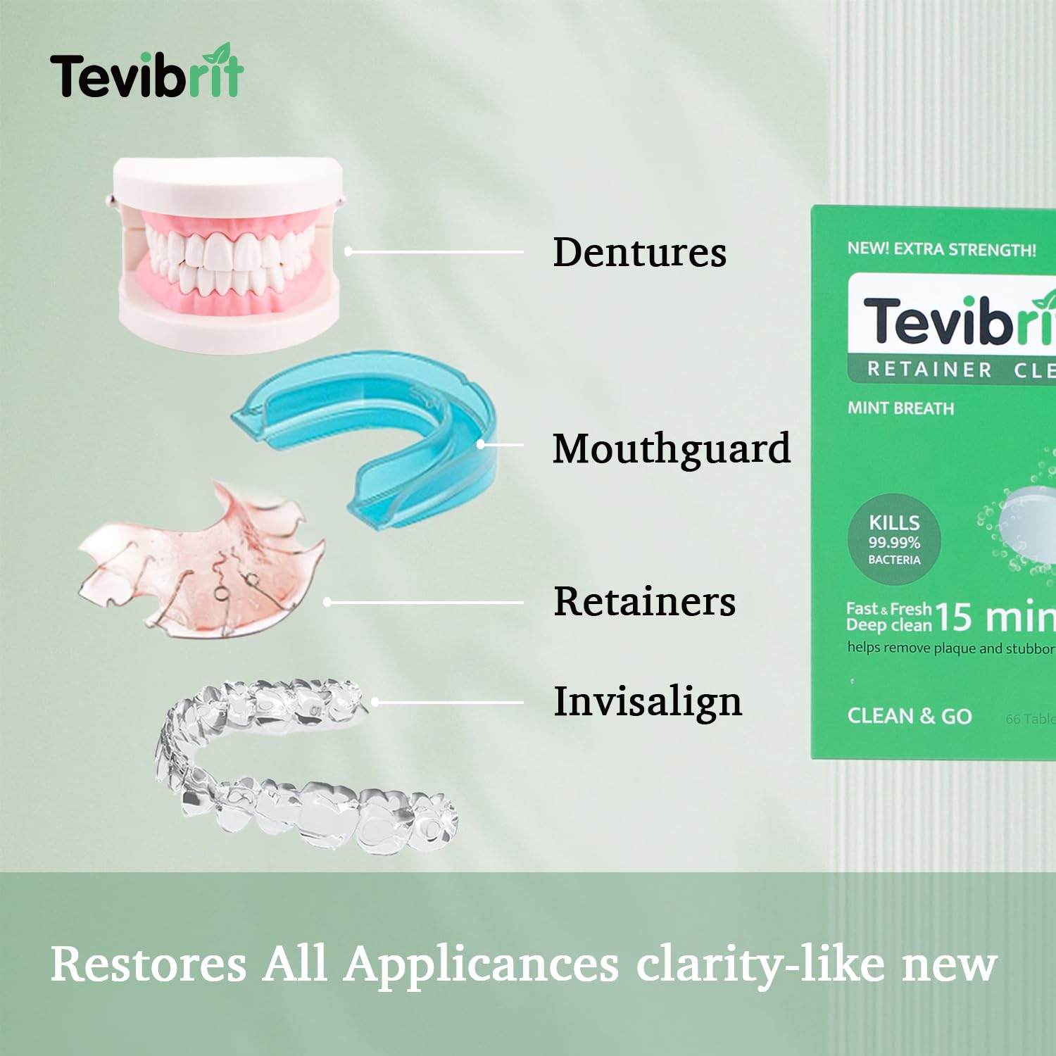66Retainer – Tabletas limpiadoras de dentaduras postizas con herramienta de eliminación segura de uñas, alineador limpio, protector bucal y