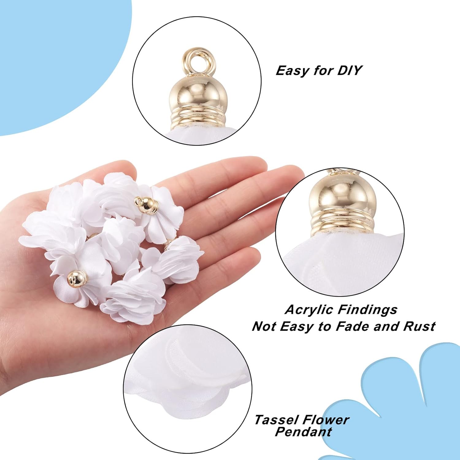Cheriswelry 50 colgantes de tela de tela de flores de tela blanca con pétalos florales con tapa dorada en forma de campana para manualidades,