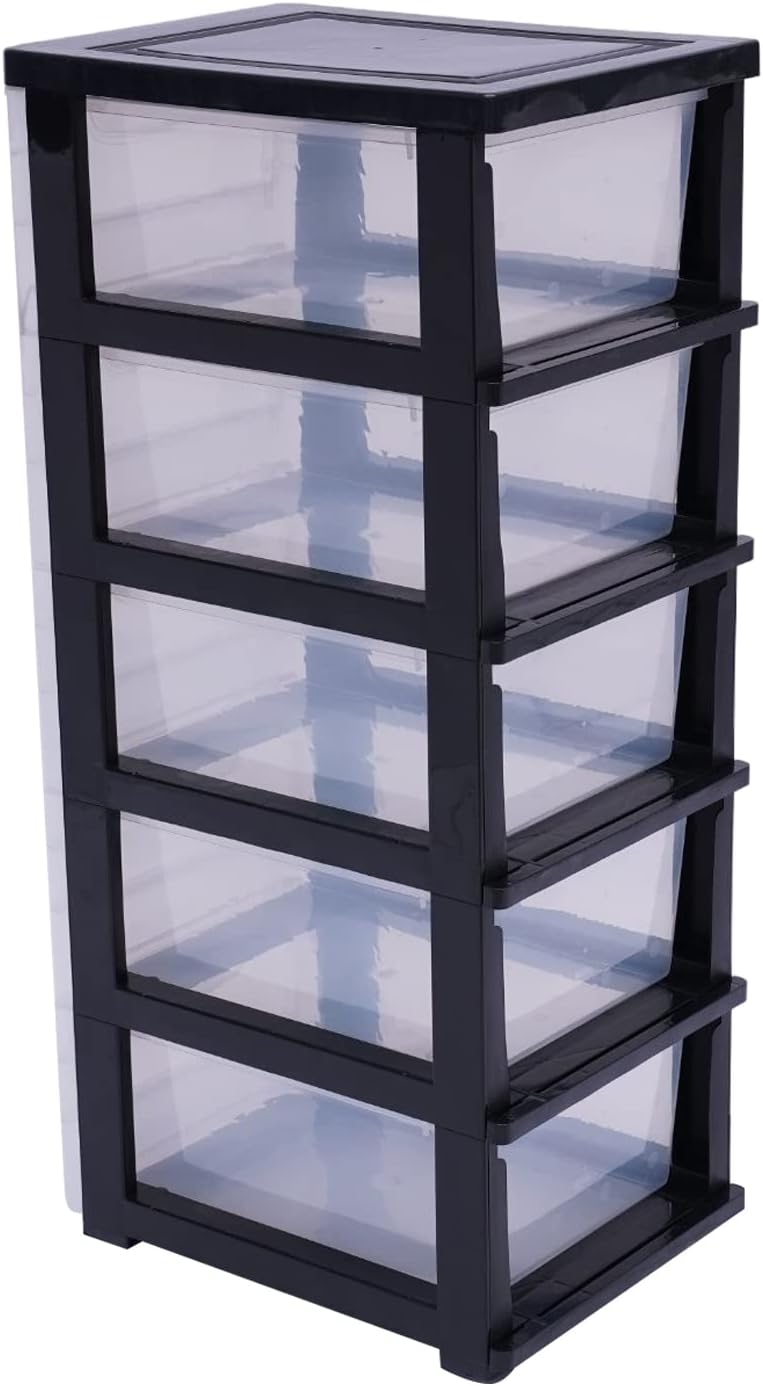 Gabinete de almacenamiento de plástico con 5 cajones, caja de almacenamiento vertical apilable para ropa, organizador de torre con puertas
