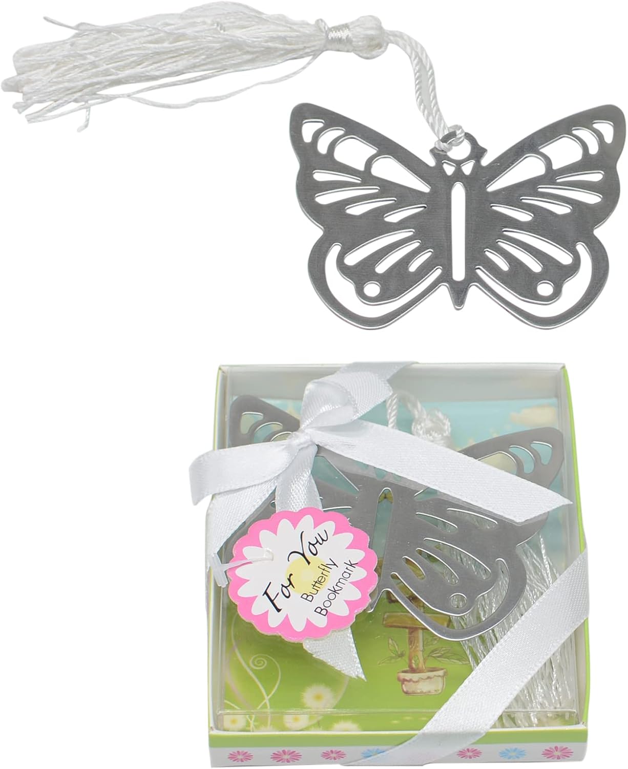 12 marcapáginas de metal de mariposa plateada con caja de regalo, para regalo de devolución de baby shower y regalo de boda (12)