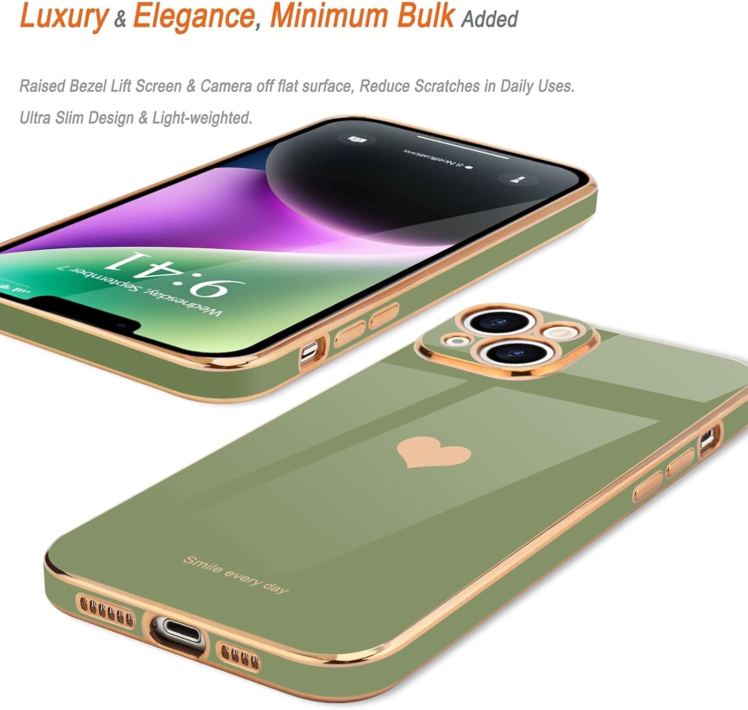 Teageo Funda para iPhone 14 Plus para mujeres y niñas, diseño de corazón de amor, chapado de lujo, cubierta trasera suave, protección completa de la