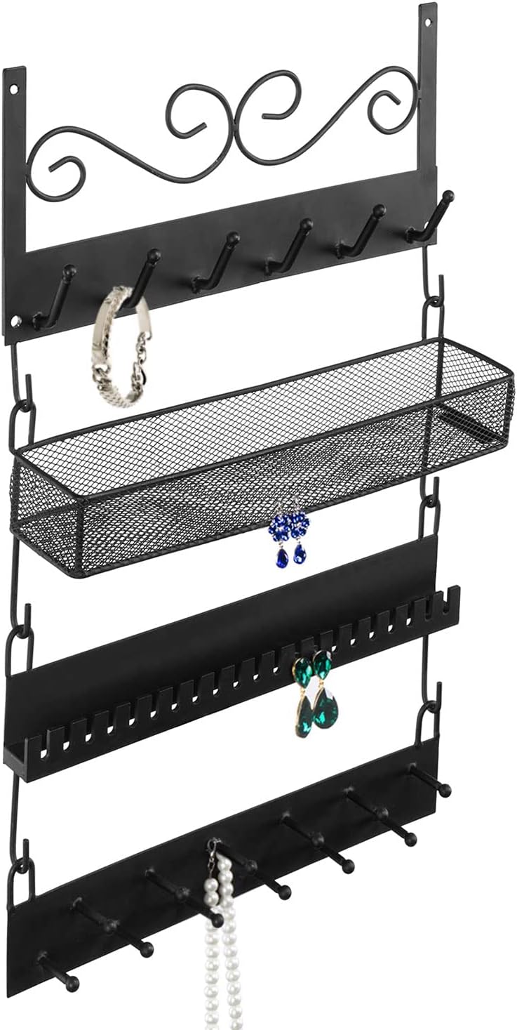 MyGift Organizador de joyas colgante de metal negro de 4 niveles con 18 ganchos, soporte para aretes y collar, estante de exhibición de pulseras,