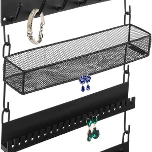 MyGift Organizador de joyas colgante de metal negro de 4 niveles con 18 ganchos, soporte para aretes y collar, estante de exhibición de pulseras, MyGift Organizador de joyas colgante de metal negro de 4 niveles con 18 ganchos, soporte para aretes y collar, estante de exhibición de pulseras,