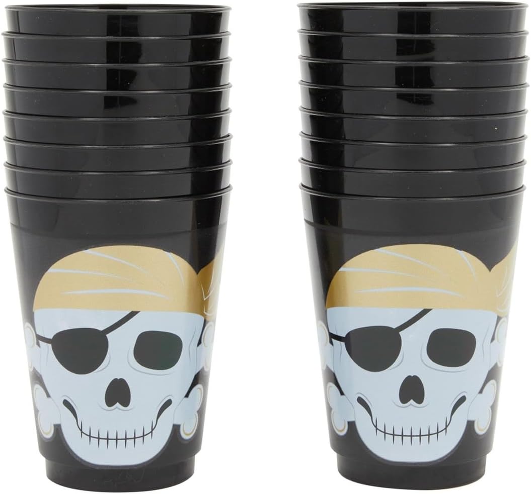 Sparkle and Bash Paquete de 16 vasos de plástico con temática de calavera para niños, suministros de fiesta de cumpleaños pirata (negro, 16 onzas)