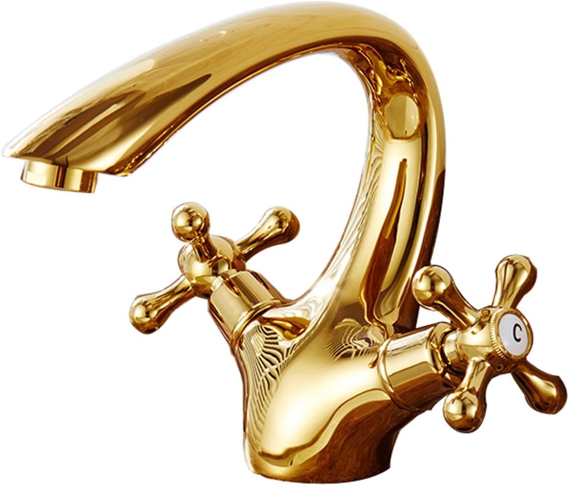 AVLUZ Grifo de latón dorado, grifo de lavabo de baño de 2 manijas de un solo orificio, montaje en cubierta, grifo de lavabo de agua fríacaliente,