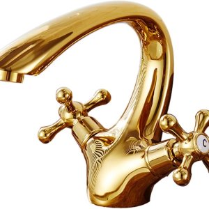 AVLUZ Grifo de latón dorado, grifo de lavabo de baño de 2 manijas de un solo orificio, montaje en cubierta, grifo de lavabo de agua fríacaliente, AVLUZ Grifo de latón dorado, grifo de lavabo de baño de 2 manijas de un solo orificio, montaje en cubierta, grifo de lavabo de agua fríacaliente,