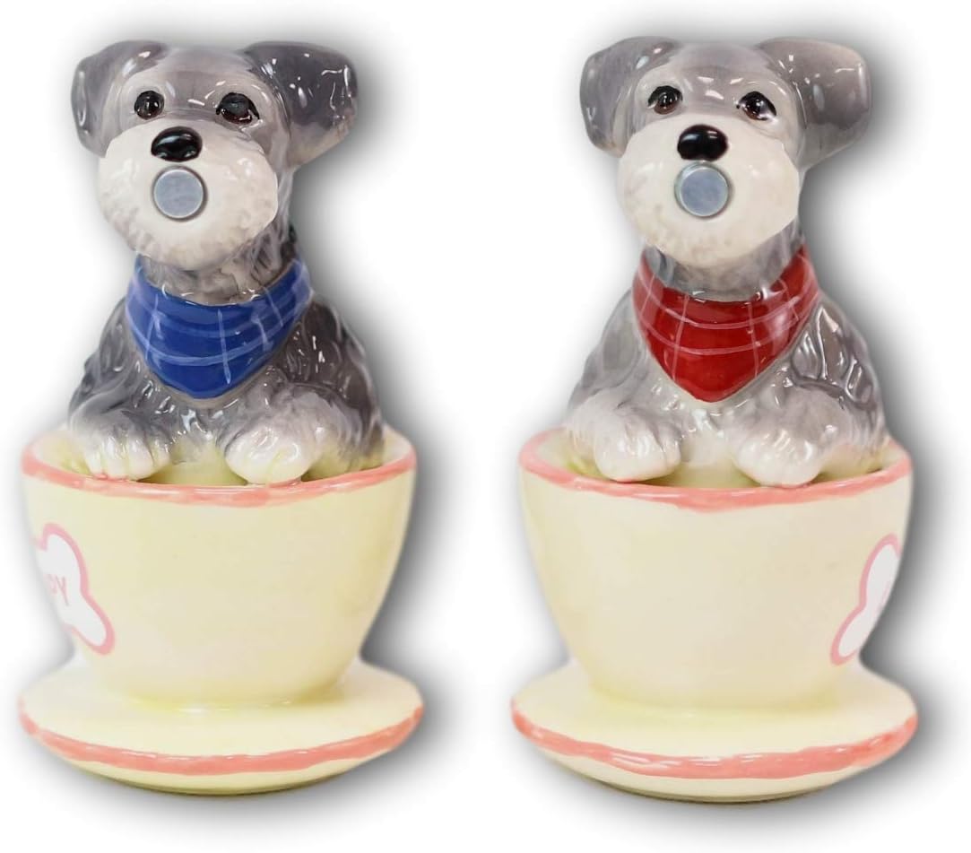 Ebros – Juego de salero y pimentero de cerámica gris Schnauzer en miniatura, juego de salero y pimentero, figuras de San Valentín, fiestas, cocina,