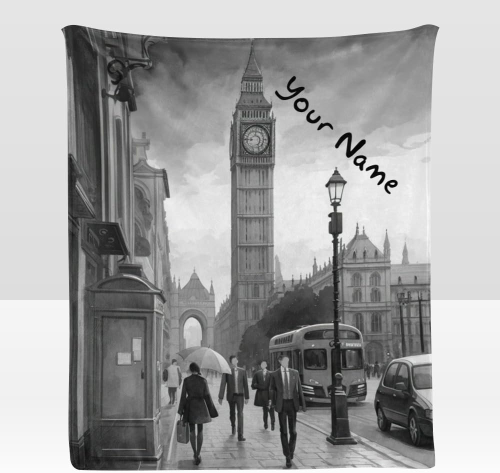 CUXWEOT Manta personalizada con texto del nombre, manta personalizada de forro polar súper suave del Big Ben de Inglaterra, Londres, para sofá, cama