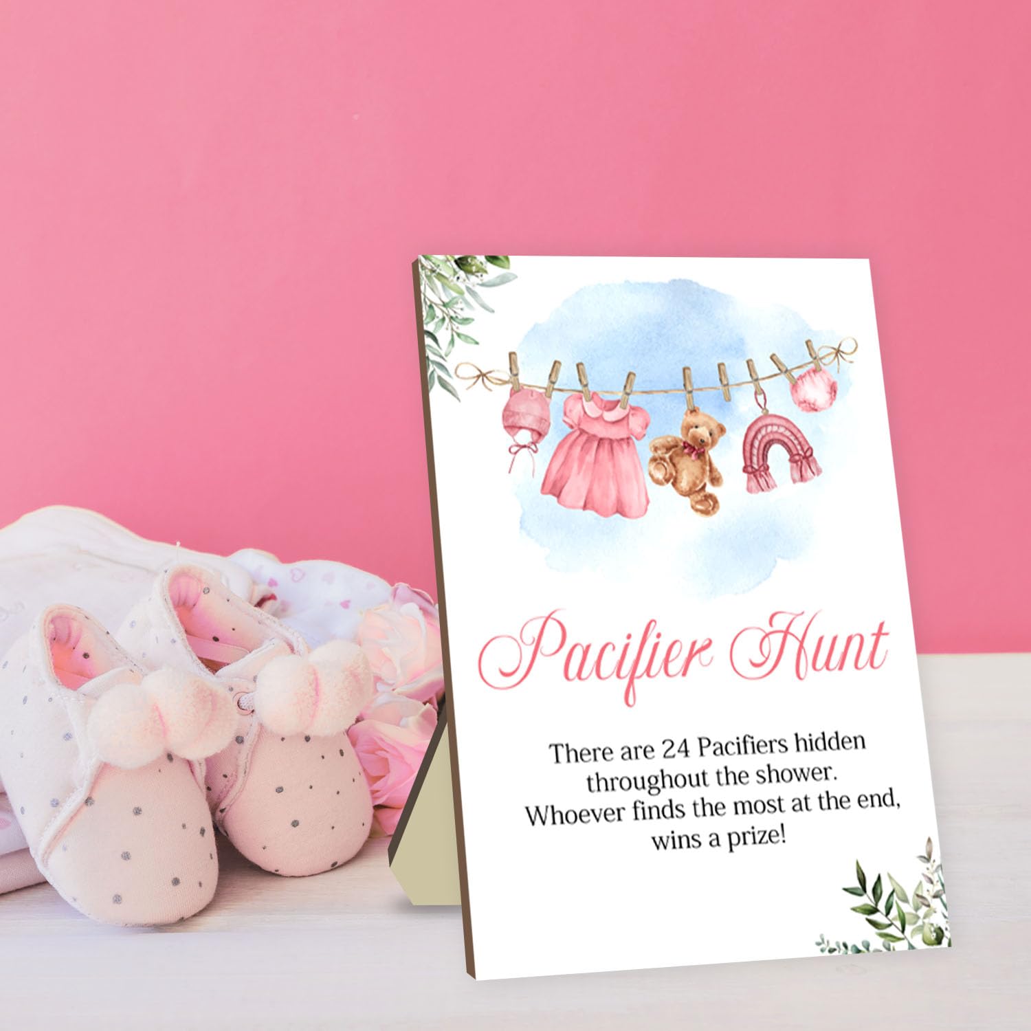 Juegos de baby shower, juego de caza de chupetes, juegos para baby shower o revelación de género, letrero de caza de chupete de madera, 50 chupetes