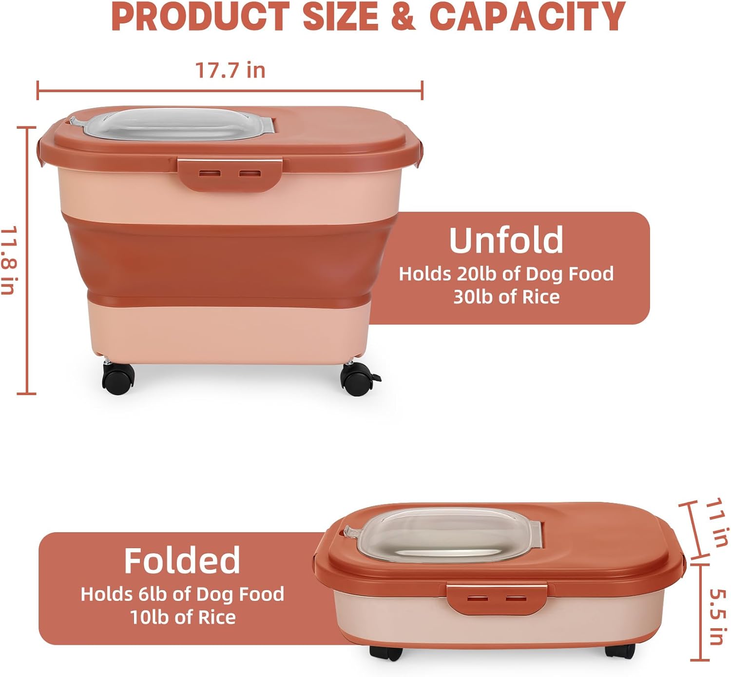 ShineMe Contenedor plegable de comida para perros de 20 libras, caja de almacenamiento de alimentos para mascotas con tapa y ruedas, taza medidora y