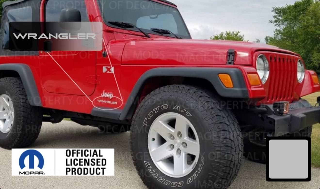 Decal Mods Fender Wrangler – Logotipo lateral pequeño para Jeep Wrangler TJ (1997-2006) (juego de 2) SJ3Y2 plateado metálico