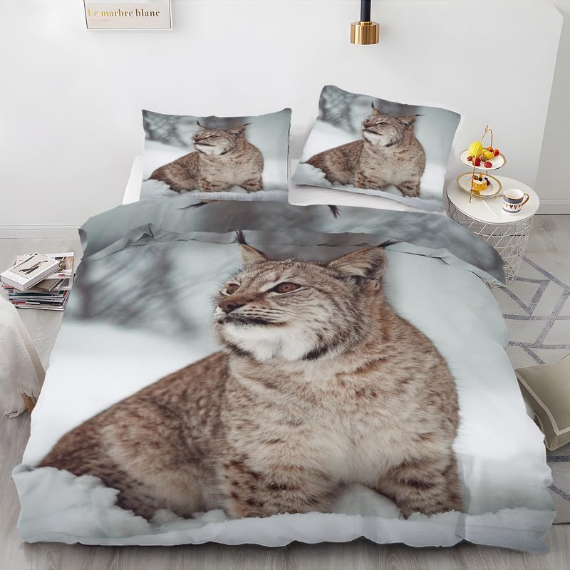 Gray Small Animals Duvet Cover Queen Lynx Print Bedding Sets Queen Soft Microfiber Comforter Cover and 2 Pillow Shams 20″X26″, Bed Set Duvet Covers