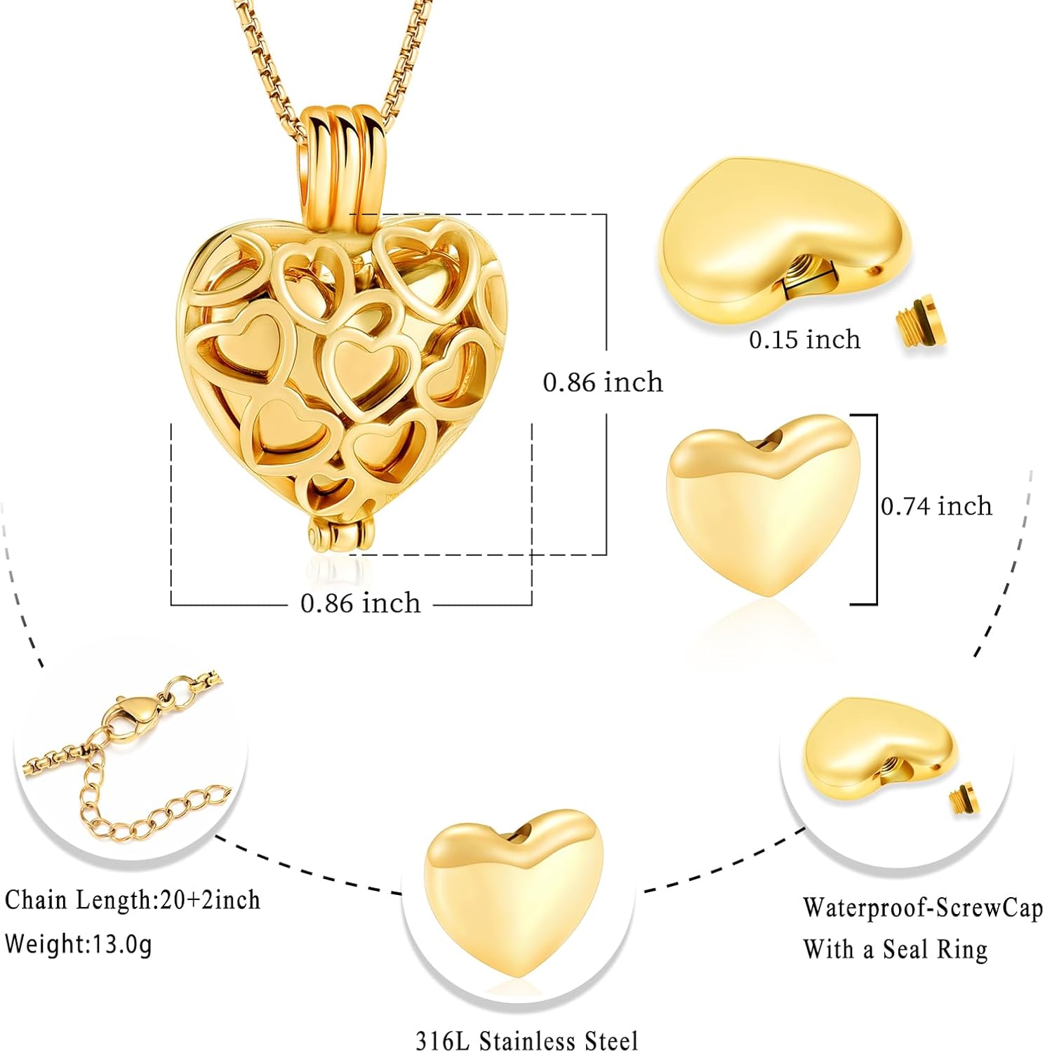 Collar con medallón de cremación conmemorativa con corazón eterno con mini urna para cenizas de seres queridos