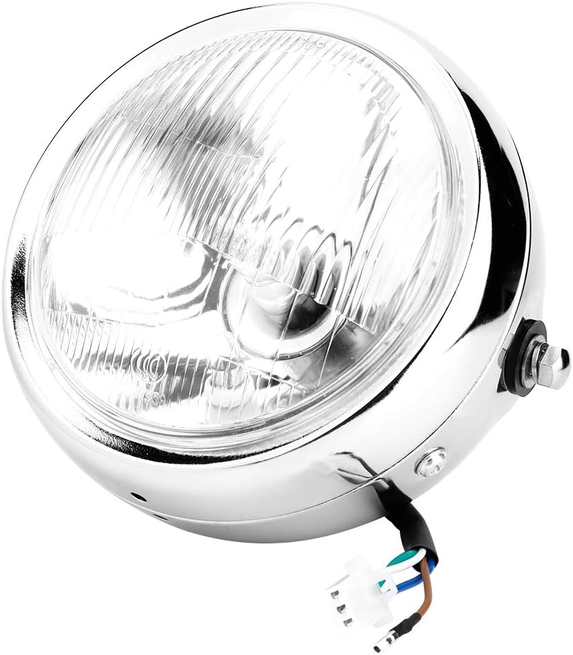 Acouto Faro delantero de motocicleta de 12 V, 5.75 pulgadas, universal, modificado, retro, carcasa plateada, lente blanca, faro delantero para GN125