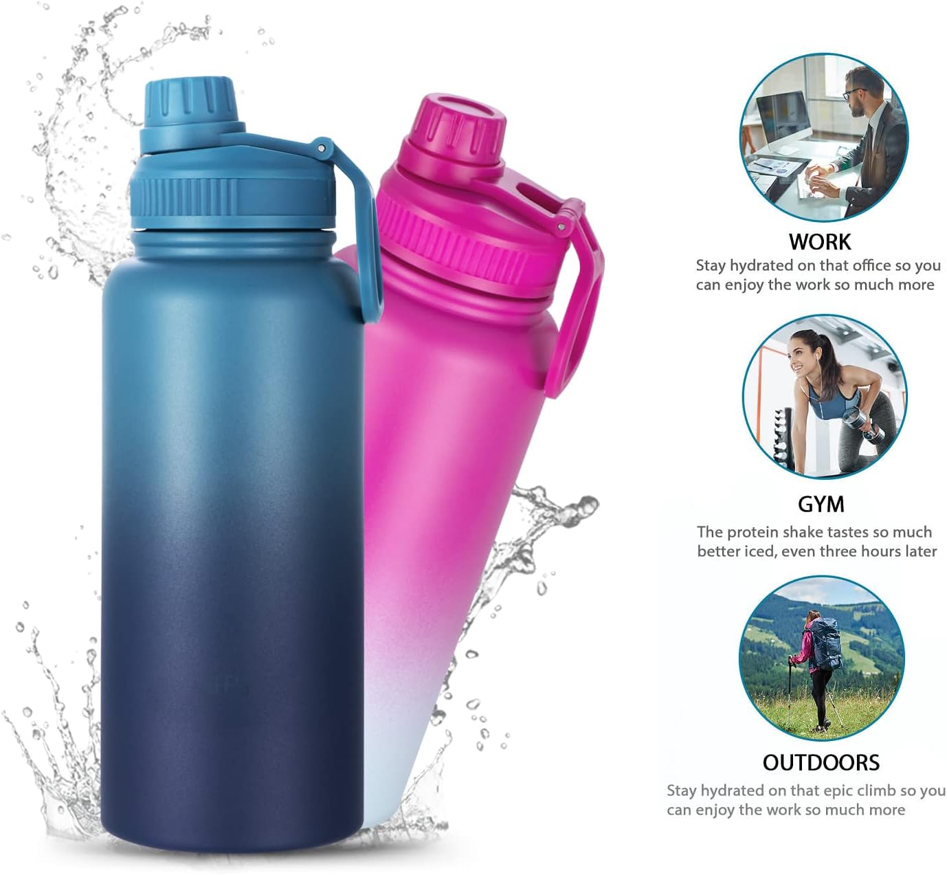 Botella de agua aislada con 3 tapas, frasco de doble pared de acero inoxidable con mango de paracaídas, funda protectora de silicona, 2 popotes, a