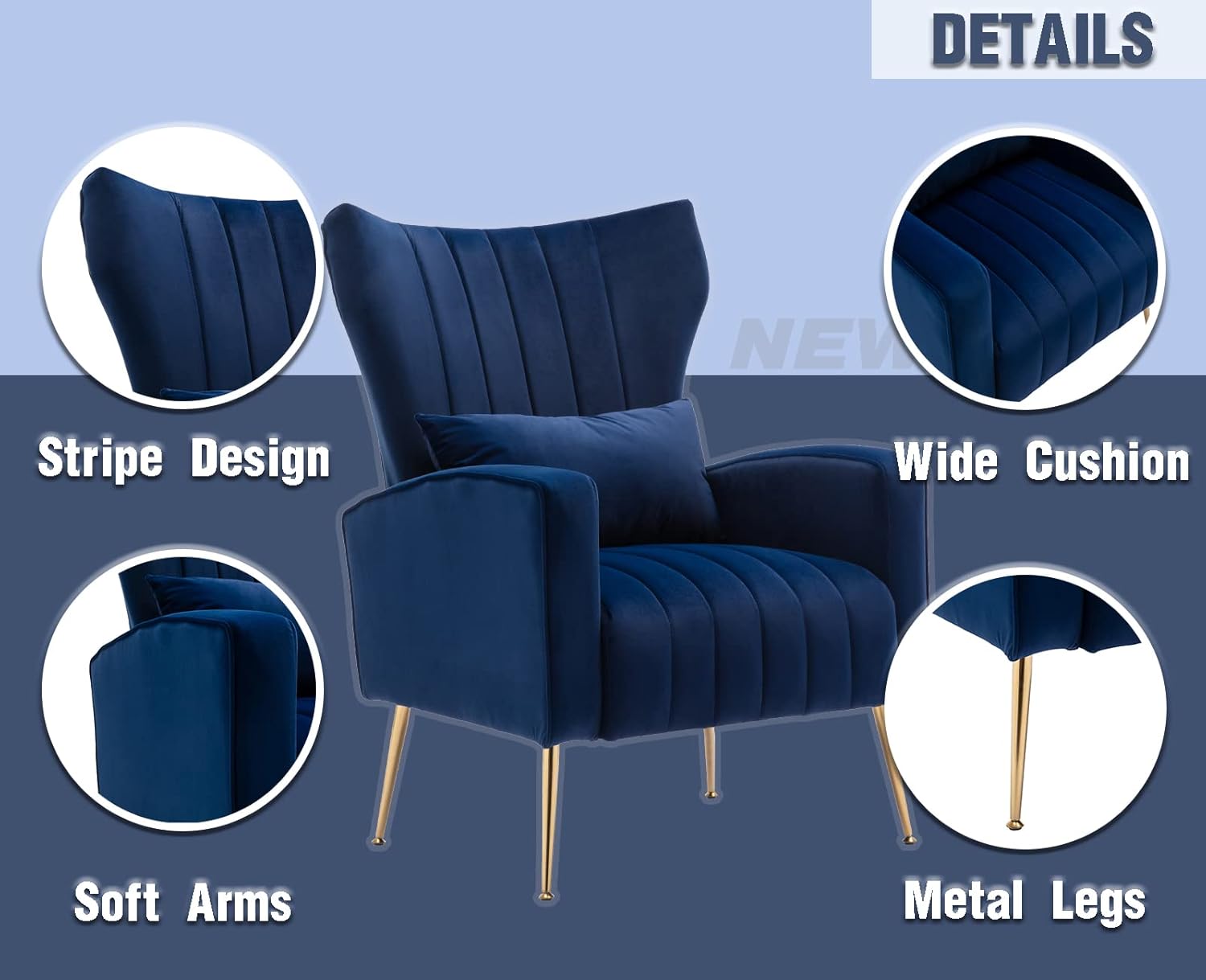Kmax – Silla decorativa de terciopelo con brazos de mediados de siglo con patas doradas, silla con respaldo alado con almohada para dormitorio, sala