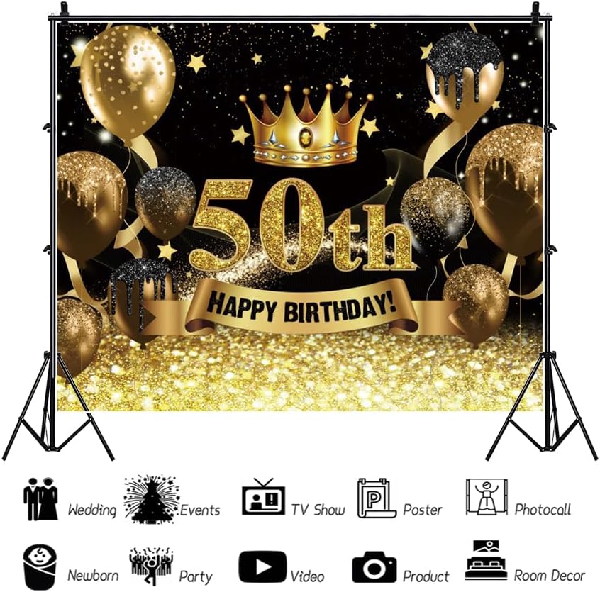 Telón de fondo para fotografía de cumpleaños número 50 para mujeres y hombres, globo con purpurina negra y dorada, telón de fondo para fotos de
