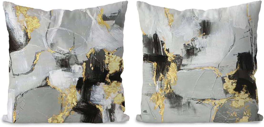 Juego de 2 fundas de almohada abstractas de mármol negro y dorado de 18 x 18 pulgadas, decoración de sala de estar negra y dorada, decoración de